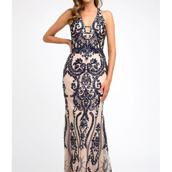 Sequined Open Back Prom Nude-Navy Dress JT243